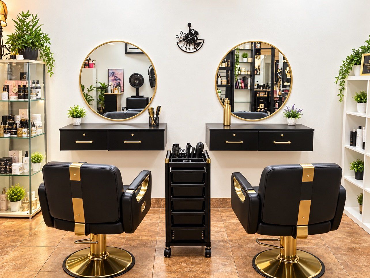 Intérieur du salon : deux fauteuils de coiffure noirs et dorés devant de grands miroirs ronds